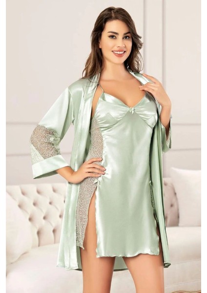 2047 Kadın Dantel Detaylı Saten Ip Askılı Kısa Gecelik Sabahlık Takım-Mint