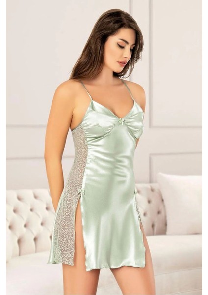 2047 Kadın Dantel Detaylı Saten Ip Askılı Kısa Gecelik Sabahlık Takım-Mint fiyatları
