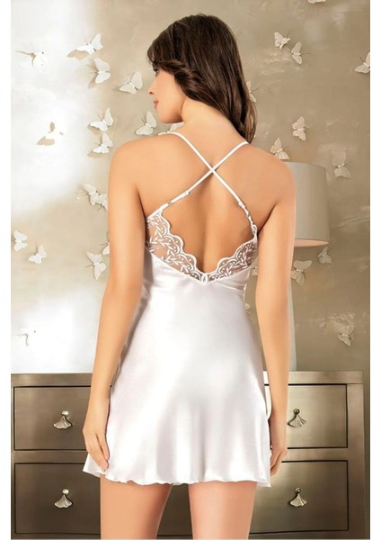 2066 Kadın Dantel Detaylı Saten Ip Askılı Kısa Gecelik Sabahlık Takım-Beyaz modelleri