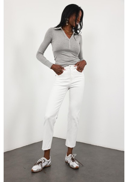 Beyaz Yüksek Bel Boyfit Jean