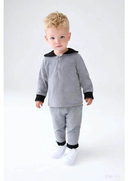 Erkek Çocuk Kapüşonlu Düğme Detaylı Mevsimlik Alt Üst Takım -Gri (3-4 Yaş 8-9 Yaş)
