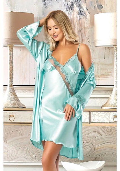 2024 Kadın Dantel Detaylı Saten Ip Askılı Kısa Gecelik Sabahlık Takım-Mint