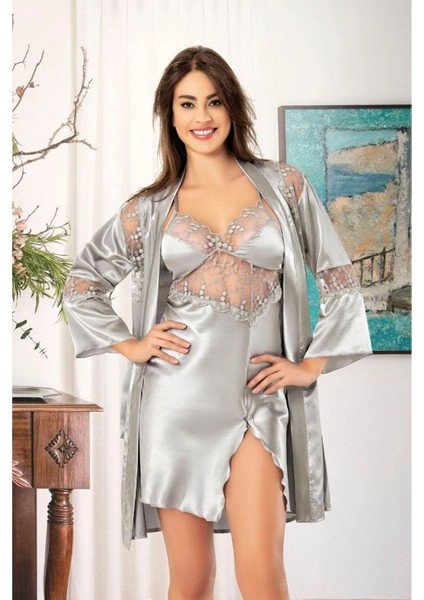 2042 Kadın Dantel Detaylı Saten Ip Askılı Kısa Gecelik Sabahlık Takım-Gri