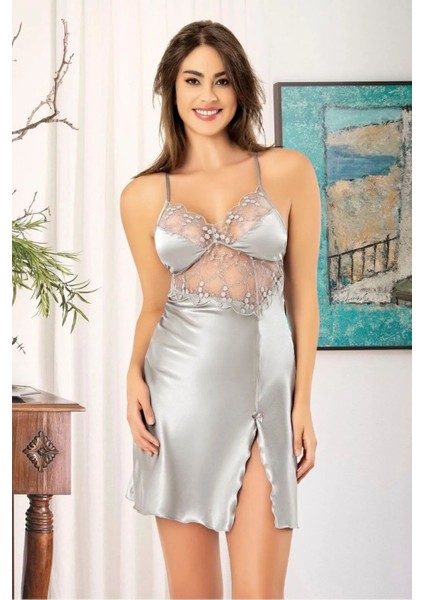 2042 Kadın Dantel Detaylı Saten Ip Askılı Kısa Gecelik Sabahlık Takım-Gri fiyatları