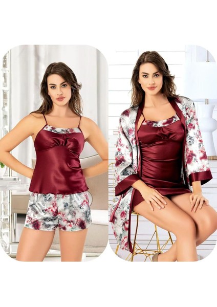 20753122 Kadın 4'lü Saten Gecelik Sabahlık Takım Şortlu Takım -Bordo