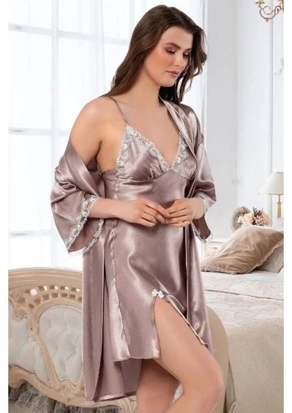 2117 Kadın Dantel Detaylı Saten Ip Askılı Kısa Gecelik Sabahlık Takım-Vizon