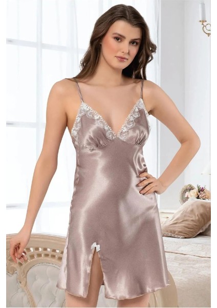 2117 Kadın Dantel Detaylı Saten Ip Askılı Kısa Gecelik Sabahlık Takım-Vizon fiyatları