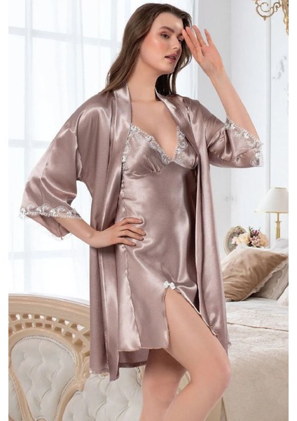 2117 Kadın Dantel Detaylı Saten Ip Askılı Kısa Gecelik Sabahlık Takım-Vizon modelleri
