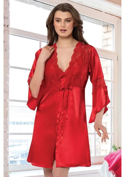 2119 Kadın Dantel Detaylı Saten Ip Askılı Kısa Gecelik Sabahlık Takım-Kırmızı