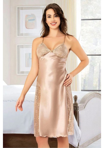 2614 Kadın Dantel Detaylı Saten Ip Askılı Midi Gecelik Sabahlık Takım-Vizon fiyatları