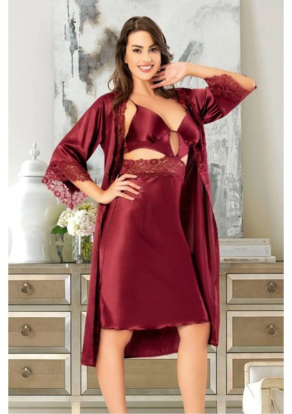 2617 Kadın Dantel Detaylı Saten Ip Askılı Midi Gecelik Sabahlık Takım-Bordo