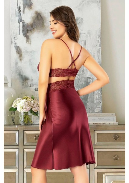 2617 Kadın Dantel Detaylı Saten Ip Askılı Midi Gecelik Sabahlık Takım-Bordo modelleri