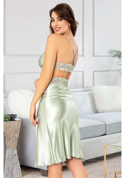 2619 Kadın Dantel Detaylı Saten Ip Askılı Midi Gecelik Sabahlık Takım-Mint