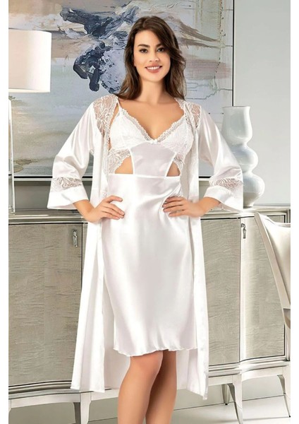 2621 Kadın Dantel Detaylı Saten Ip Askılı Midi Gecelik Sabahlık Takım-Beyaz