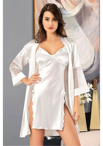 2048 Kadın Dantel Detaylı Saten Ip Askılı Kısa Gecelik Sabahlık Takım-Beyaz