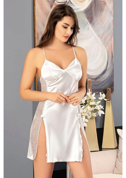2048 Kadın Dantel Detaylı Saten Ip Askılı Kısa Gecelik Sabahlık Takım-Beyaz fiyatları