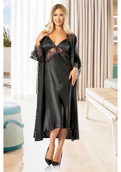 2608 Kadın Dantel Detaylı Saten Ip Askılı Uzun Gecelik Sabahlık Takım-Siyah