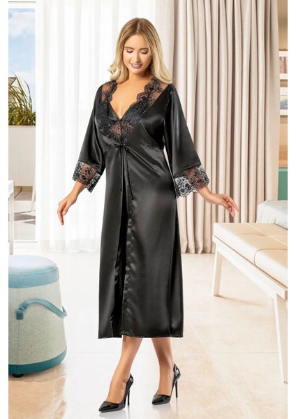 2608 Kadın Dantel Detaylı Saten Ip Askılı Uzun Gecelik Sabahlık Takım-Siyah fiyatları