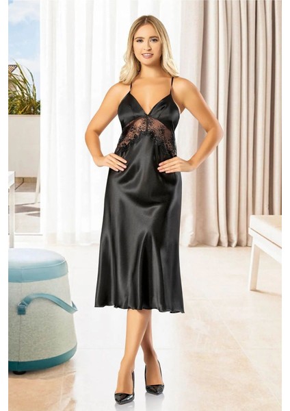 2608 Kadın Dantel Detaylı Saten Ip Askılı Uzun Gecelik Sabahlık Takım-Siyah modelleri