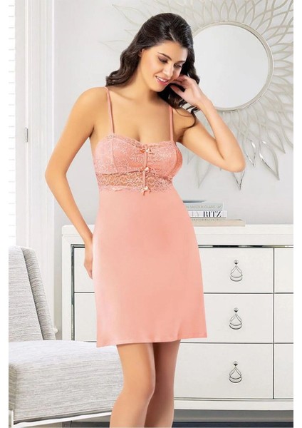 6024 Kadın Viskon Ip Askılı Gecelik Sabahlık Takım-Somon modelleri