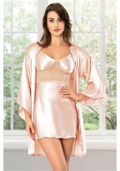 2067 Kadın Dantel Detaylı Saten Ip Askılı Kısa Gecelik Sabahlık Takım-Pudra
