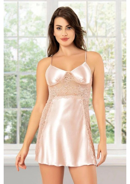 2067 Kadın Dantel Detaylı Saten Ip Askılı Kısa Gecelik Sabahlık Takım-Pudra fiyatları