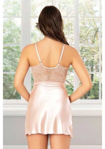 2067 Kadın Dantel Detaylı Saten Ip Askılı Kısa Gecelik Sabahlık Takım-Pudra modelleri