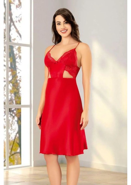 2620 Kadın Dantel Detaylı Saten Ip Askılı Midi Gecelik Sabahlık Takım-Kırmızı fiyatları