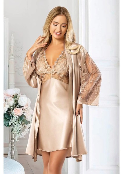 2038 Kadın Dantel Detaylı Saten Ip Askılı Kısa Gecelik Sabahlık Takım-Vizon