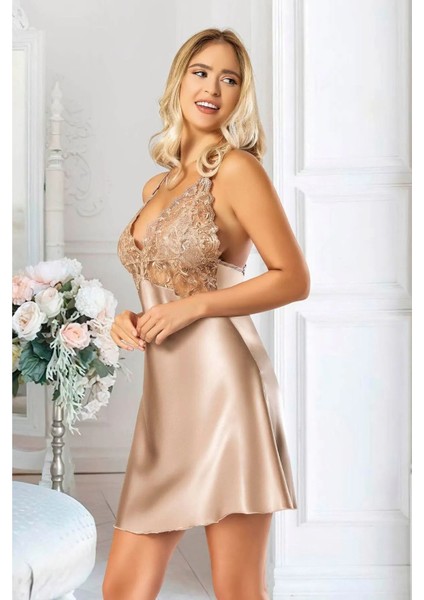 2038 Kadın Dantel Detaylı Saten Ip Askılı Kısa Gecelik Sabahlık Takım-Vizon fiyatları