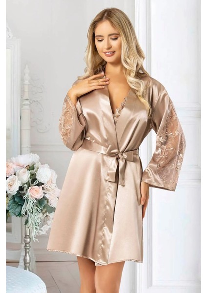 2038 Kadın Dantel Detaylı Saten Ip Askılı Kısa Gecelik Sabahlık Takım-Vizon modelleri