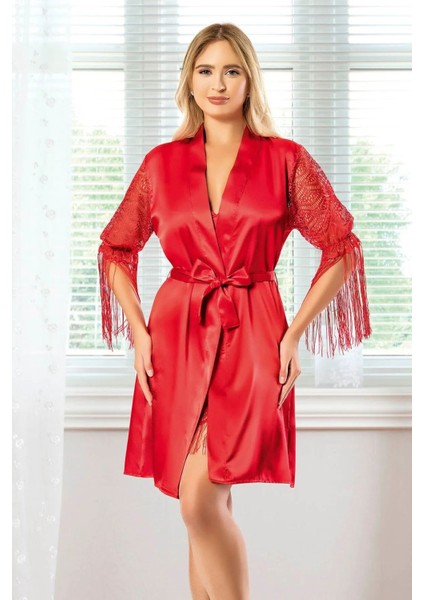 2027 Kadın Dantel Detaylı Saten Ip Askılı Kısa Gecelik Sabahlık Takım-Kırmızı fiyatları