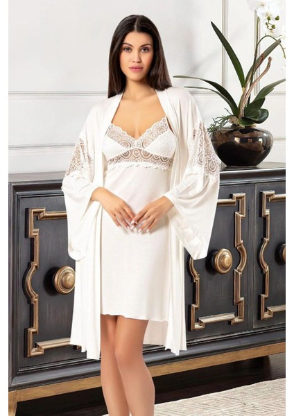 6026 Kadın Viskon Ip Askılı Gecelik Sabahlık Takım-Ekru