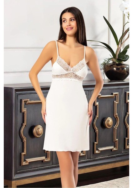 6026 Kadın Viskon Ip Askılı Gecelik Sabahlık Takım-Ekru fiyatları