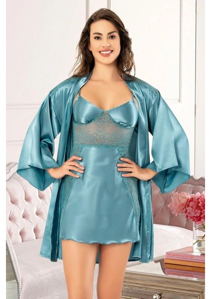 2070 Kadın Dantel Detaylı Saten Ip Askılı Kısa Gecelik Sabahlık Takım-Mavi