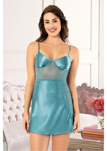 2070 Kadın Dantel Detaylı Saten Ip Askılı Kısa Gecelik Sabahlık Takım-Mavi fiyatları