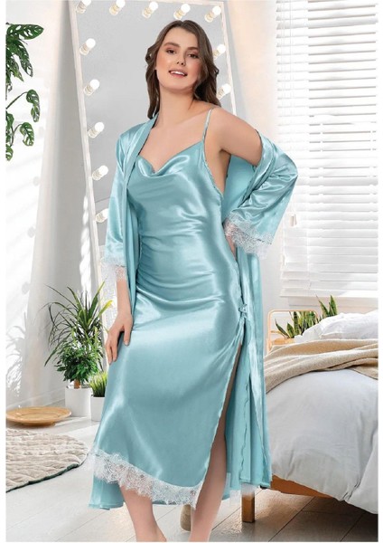 2602 Kadın Saten Degaje Yaka Ip Askılı Uzun Gecelik Sabahlık Takım-Mint
