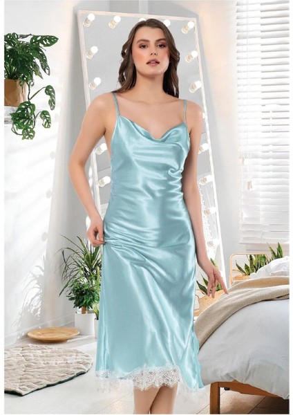 2602 Kadın Saten Degaje Yaka Ip Askılı Uzun Gecelik Sabahlık Takım-Mint fiyatları