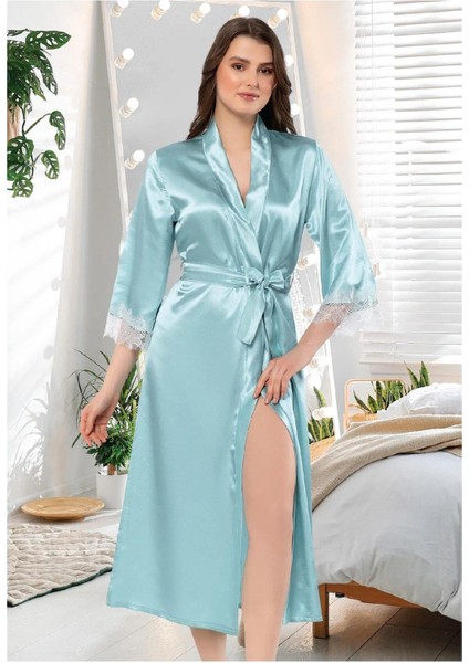 2602 Kadın Saten Degaje Yaka Ip Askılı Uzun Gecelik Sabahlık Takım-Mint modelleri