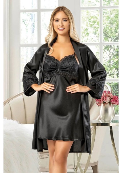 2031 Kadın Dantel Detaylı Saten Ip Askılı Kısa Gecelik Sabahlık Takım-Siyah