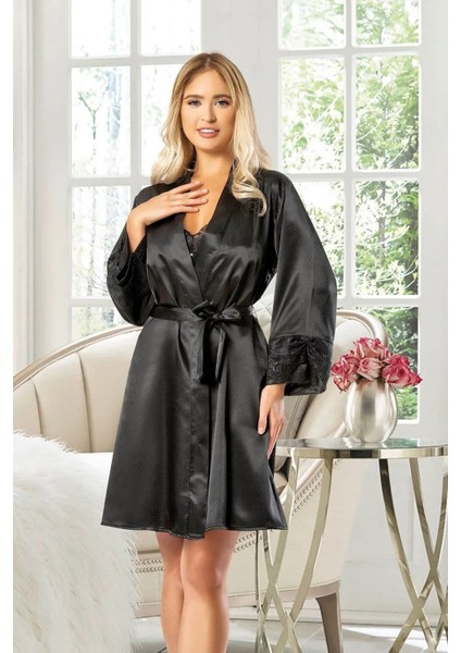 2031 Kadın Dantel Detaylı Saten Ip Askılı Kısa Gecelik Sabahlık Takım-Siyah fiyatları