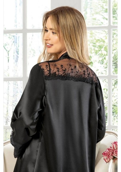 2031 Kadın Dantel Detaylı Saten Ip Askılı Kısa Gecelik Sabahlık Takım-Siyah modelleri