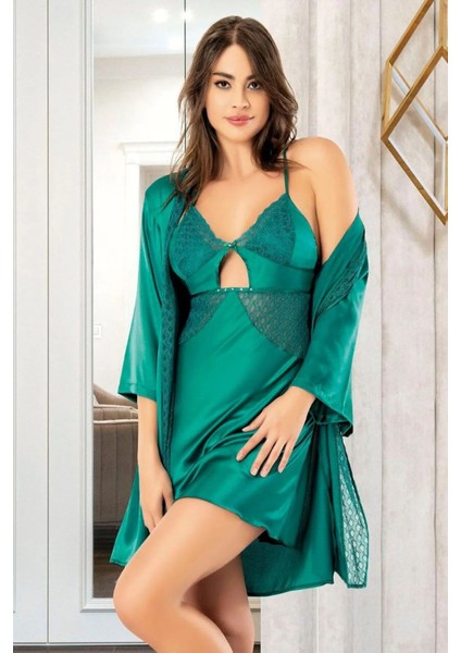 2051 Kadın Dantel Detaylı Saten Ip Askılı Kısa Gecelik Sabahlık Takım-Yeşil