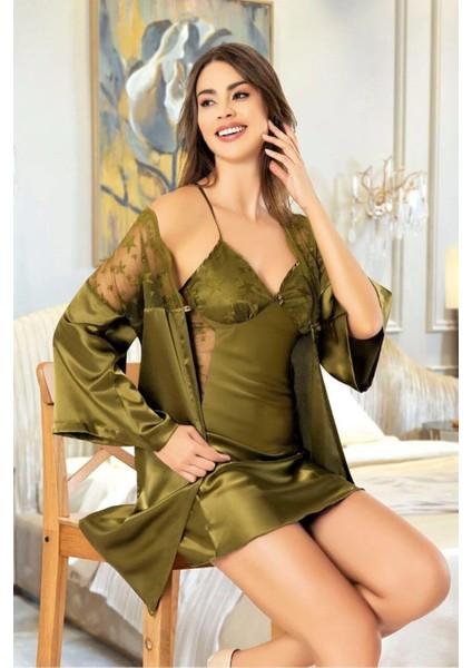 2053 Kadın Dantel Detaylı Saten Ip Askılı Kısa Gecelik Sabahlık Takım-Haki