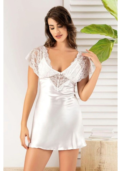 2063 Kadın Dantel Detaylı Saten Ip Askılı Kısa Gecelik Sabahlık Takım-Beyaz