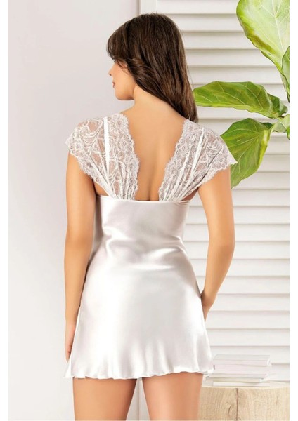 2063 Kadın Dantel Detaylı Saten Ip Askılı Kısa Gecelik Sabahlık Takım-Beyaz fiyatları
