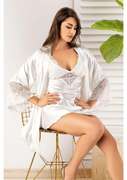 2063 Kadın Dantel Detaylı Saten Ip Askılı Kısa Gecelik Sabahlık Takım-Beyaz modelleri