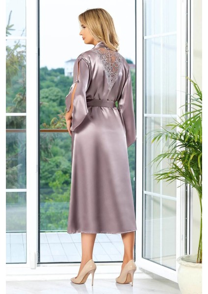 2609 Kadın Dantel Detaylı Saten Ip Askılı Uzun Gecelik Sabahlık Takım-Vizon