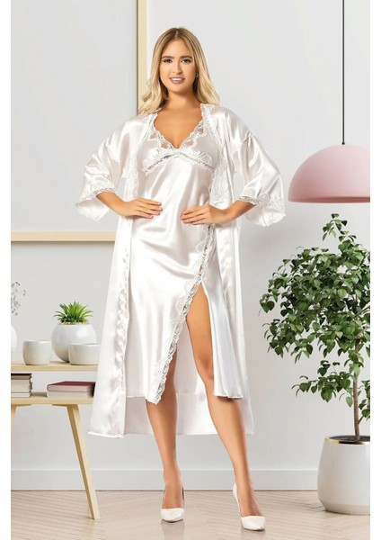 2613 Kadın Dantel Detaylı Saten Ip Askılı Uzun Gecelik Sabahlık Takım-Beyaz