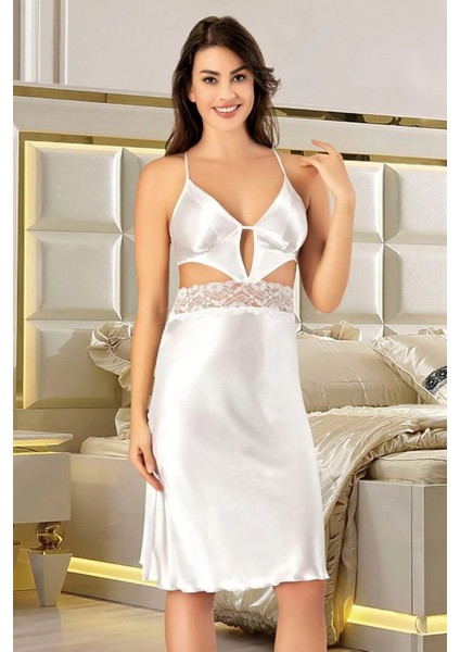 2618 Kadın Dantel Detaylı Saten Ip Askılı Midi Gecelik Sabahlık Takım-Beyaz fiyatları